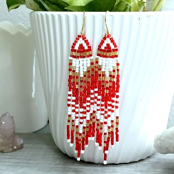 Boho Chic Beaded Fringe Dangle Earrings, Gold Red White, 4" - Picture 1 of 8